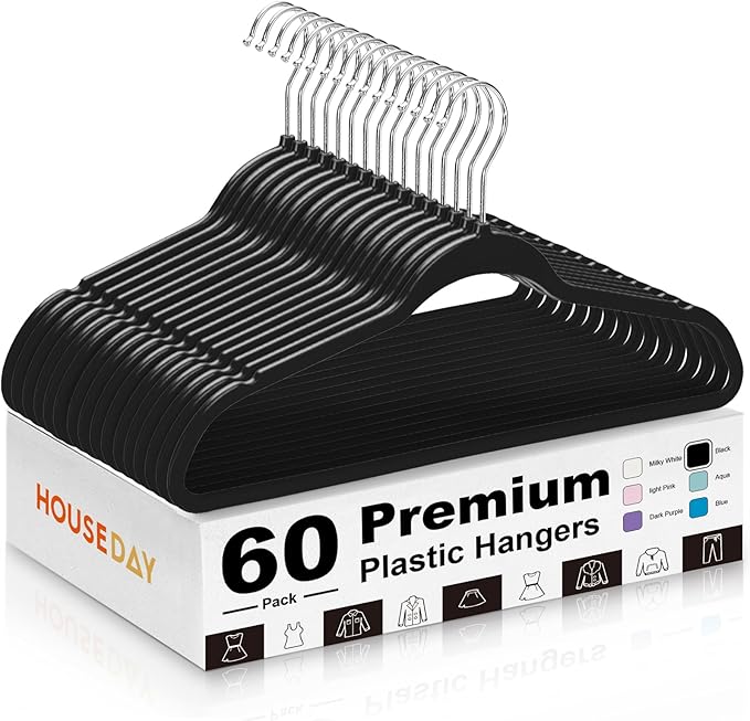 HOUSE DAY Black Plastic Hangers 60 Pack, Ultra-Thin Heavy Duty Non-Velvet by HOUSEDAY