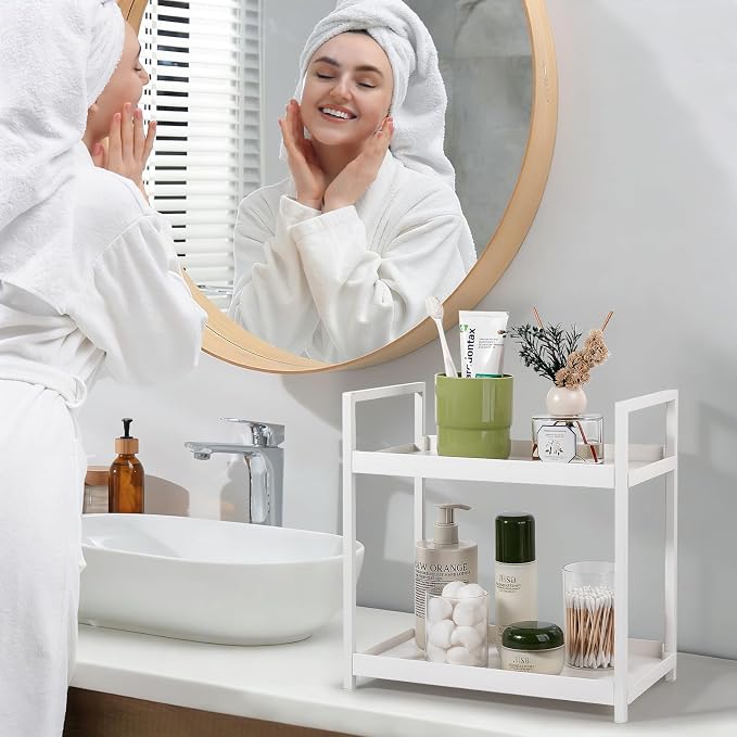 Bathroom Counter Organizer Vanity Storage Countertop Shelf, Small White - Image 3