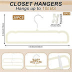 Pants Hangers Space Saving, 30 Pack Velvet Hangers for Closet with 30 Hooks, Strong Durable Non Slip Slim Clothes Hanger, Ultra Soft Flocked Hanger for Pants, Shirts, Bra, Shorts (Cream) - Image 2