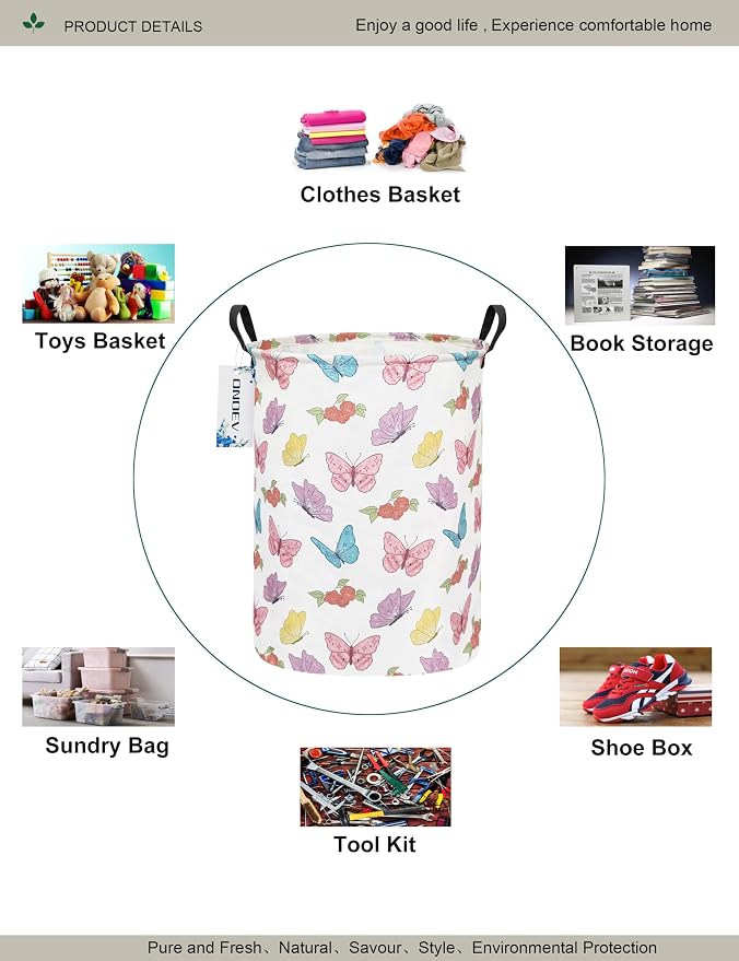 Round Butterfly Laundry Hamper Waterproof Fabric Home Storage - Image 3