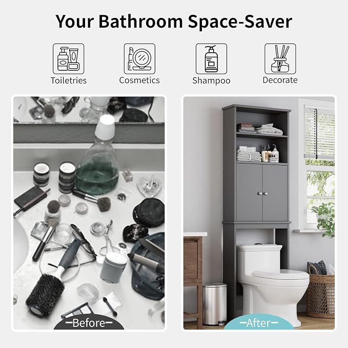Shintenchi Over The Toilet Storage Cabinet, Bathroom Above The Toilet Rack, Bathroom Adjustable Shelf Organizer with Open Bottom Bar and Anti-Tip Device, Gray - Image 6