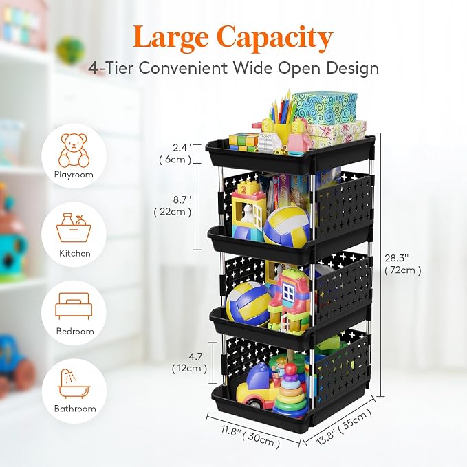 Lifewit 4 Tier Plastic Stackable Storage Baskets for Clothes 1 Pack, Black - Image 3
