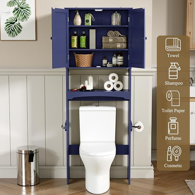 HLR Over The Toilet Storage Cabinet with Gold Trim, Over Toilet Bathroom Organizer with Adjustable Shelves and Toilet Paper Holder, Above Toilet Storage Cabinet Spacesaver for Bathroom (Blue) - Image 5