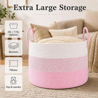 JMvicyroam 115L Extra Large Blanket Basket for Living Room - Woven Cotton Rope Laundry Hamper with Reinforced Handles - Storage Bin for Pillows, Comforters & Toys - Machine Washable,White&Pink Mix - Image 2