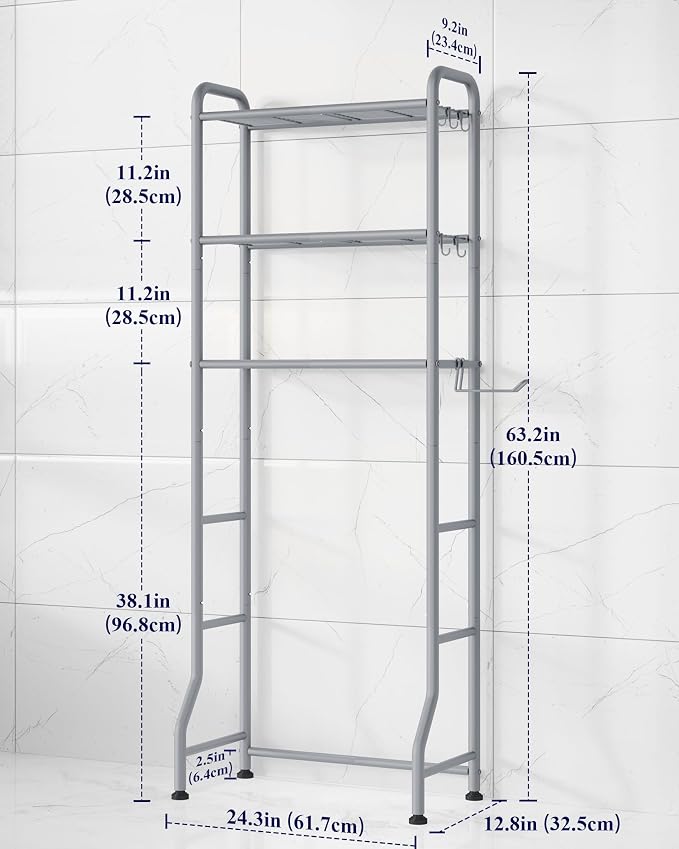 Kitsure Over Toilet Storage Rack, 63.2" H Space-Saving, Holder & Hooks - Image 2