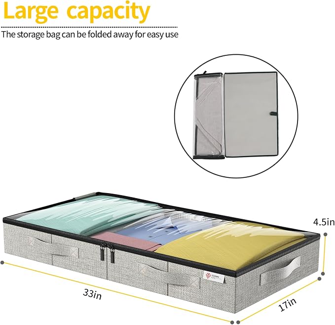 4.5 Inches Under Bed Storage Containers with Sturdy Sidewalls/Bottom and Reinforced Handles，Low Profile Underbed Storage for Clothes,Shoes,Pillows and Blankets with Zips and Clear Windows,4 Pack - Image 2