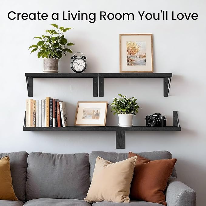 BAYKA Wall Mounted Floating Bathroom Shelves, Wood, Black, Set of 3, 16in - Image 2