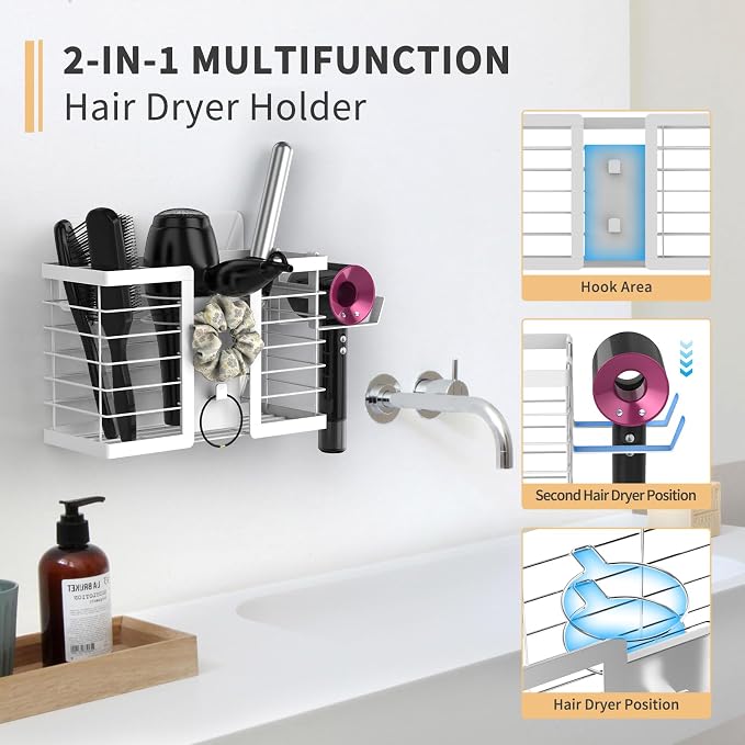 FUNKYLEE 3-in-1 Universal Hair Tool Organizer Wall Mount, White - Image 3