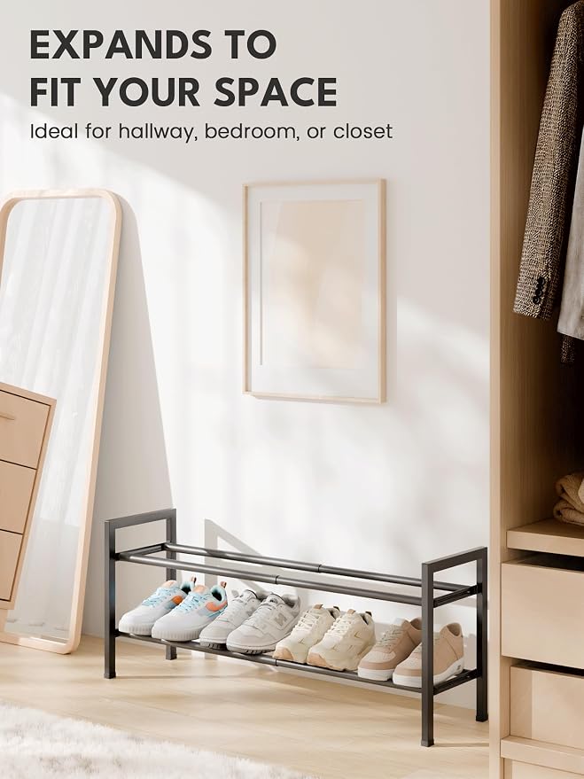 Bumusty 2 Tier Expandable Shoe Rack for Closet, Black | 18"-33" Adjustable Shoe Rack for Entryway, Small Shoe Organizer for Dorm, Front Door, Sturdy Metal - Image 3