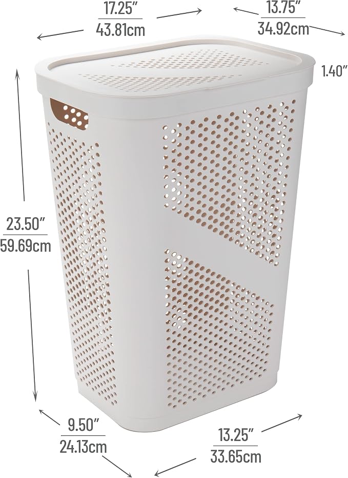 Mind Reader 60L Slim Laundry Hamper, Clothes Basket, Lid, Ventilated, Plastic, Set of 2, Ivory - Image 3