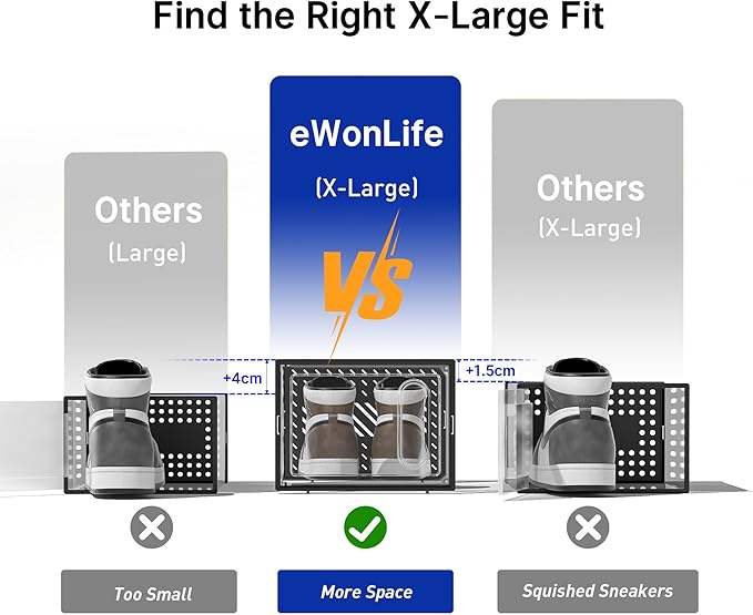 eWonLife Large Shoe Organizer Storage Box with Magnetic Door,12 Pack Clear Plastic Stackable Sneaker Containers for Closet, Connect Left and Right Shoe Box for Entryway, Drop Front, Under Bed (Grey) - Image 2