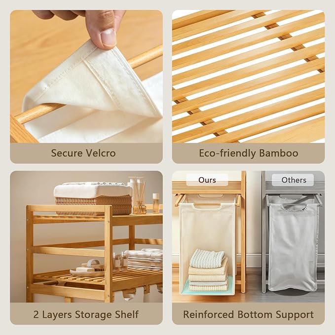 Bamboo 200L Laundry Hamper with 2 Tiers Shelf, Laundry Room Organization - Image 5