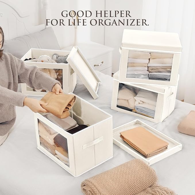 Homsorout Stackable Storage Bins with Lids - Medium Storage Box with Lids, Foldable Closet Boxes for Organizing, Wardrobe Clothes Organizer with Window, Fabric Bins for Living Room, 6 Pack, Beige - Image 2