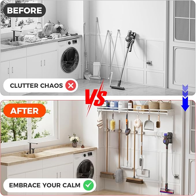Broom Holder Wall Mount with Shelf,Broom Hanger,3 in 1 Broom and Mop Organizer Wall Hanging for Laundry,Garage,Utility,Broom Rack,Vacuum Stand Alternative,Cleaning Supplies Organizer Storage,White,XL - Image 5