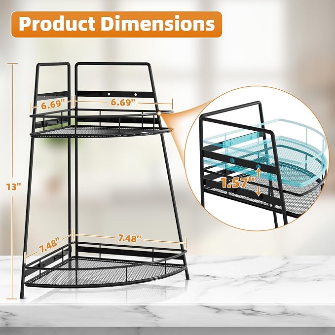 VITVITI 2 Tier Bathroom Counter Organizer Corner Vanity Shelf Storage Black - Image 6