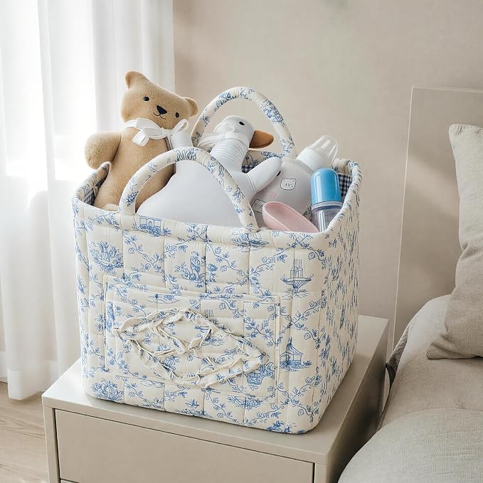 Quilted Fabric Car Storage Basket with Handles & Pocket, Foldable Laundry Hamper Boho Floral Print Organizer Bin for Home, Picnic, Office Nursery Cloth Toy 12"x10"x10" (Style F) - Image 6