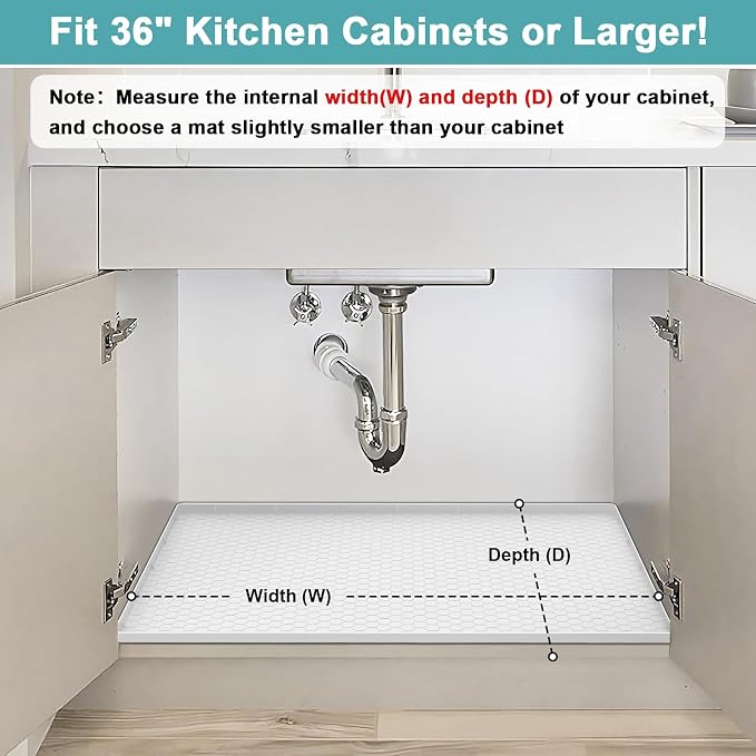 Under Sink Mats for Kitchen Waterproof, Silicone Under Kitchen Sink Mat and Protector for 34" x 22" Cabinets, Under Sink Organizer Tray, Shelf Liner Cabinet Liner for Bathroom, White - Image 3