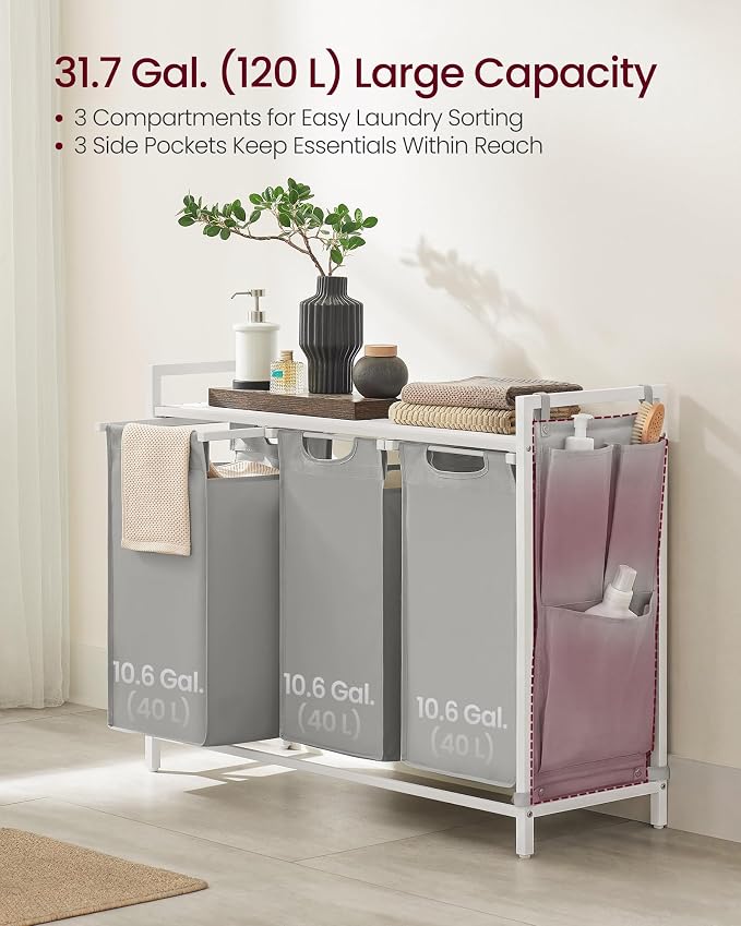 VASAGLE Laundry Hamper with Shelf, 3 Pull-Out Bags, 3 x 10.6 Gallons (40 L) - Image 3