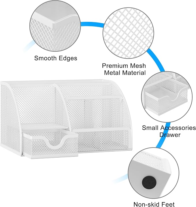 EasyPAG Mesh Desk Organizer with Drawer Multi-functional Pen Holder Stationery Organizer for Office School Supplies 6 Compartments Dorm Organizers and Storage for Desk, White - Image 3
