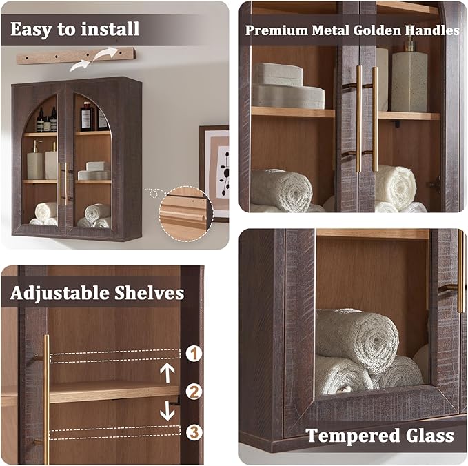 Bathroom Wall Cabinet Set 2, 23.5×31.4'' Storage Cabinet, Arched Cabinet Wall Mount with Adjustable Shelf & Glass Doors,Medicine Cabinet for Laundry Room,Bathroom, Kitchen, Brown/Natural,2PC - Image 4
