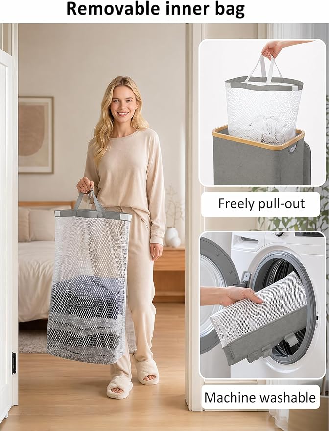 iEGrow Laundry Hamper with Lid, 110L Large Laundry Hamper with Handle and Lid, Collapsible Clothes Basket Organizer with Removable Inner Bag for Clothes Toys Towels - Grey - Image 5