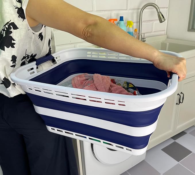 SAMMART 42L (11 Gallons) Collapsible Plastic Laundry Basket - Foldable Pop Up Storage Container/Organizer - Portable Washing Tub - Space Saving Hamper/Basket [BPA Free] (White/Starry Blue) - Image 3