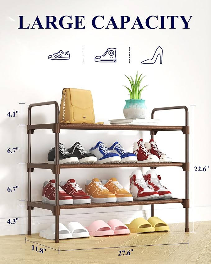 Kitsure Shoe Rack for Closet, Shoe Storage, 27.6" Wide - 3 Tiers, Brown | Shoe Organizer for Closet, Entryway, Living Room, Space-Saving Shoe Shelf, Sturdy Zapateras Organizer - Image 2
