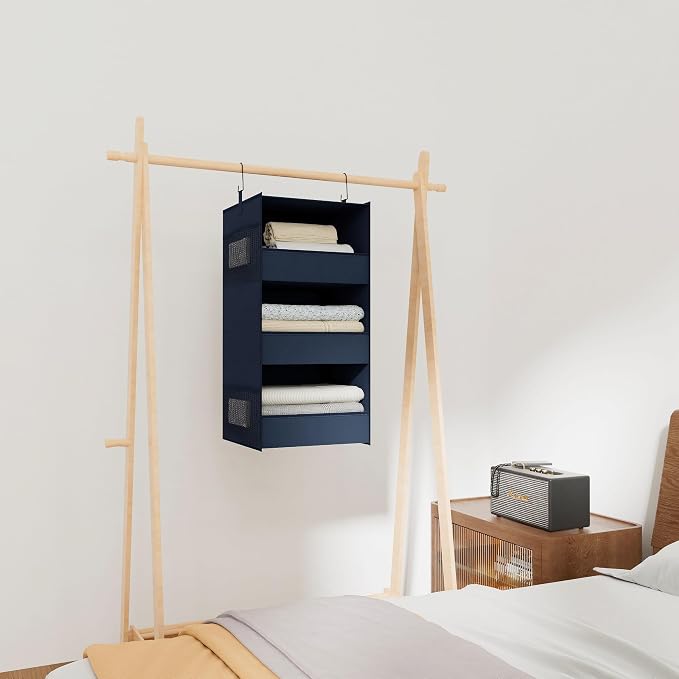 3-Shelf Hanging Closet Organizer and Storage, Foldable Hanging Closet Shelves Front Lip Design Washable Hanging Storage, Navy Blue - Image 6