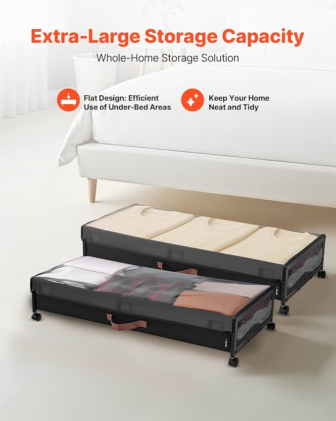 VEVOR Under Bed Storage with Wheels, 36.0 x 18.1 x 7.3 inch, Underbed Containers with Clear Lid, Underbed Shoe Organizer, Rolling Under the Bed Storage Bins for Clothes Shoes Blankets Bedroom, 2 Pack - Image 2