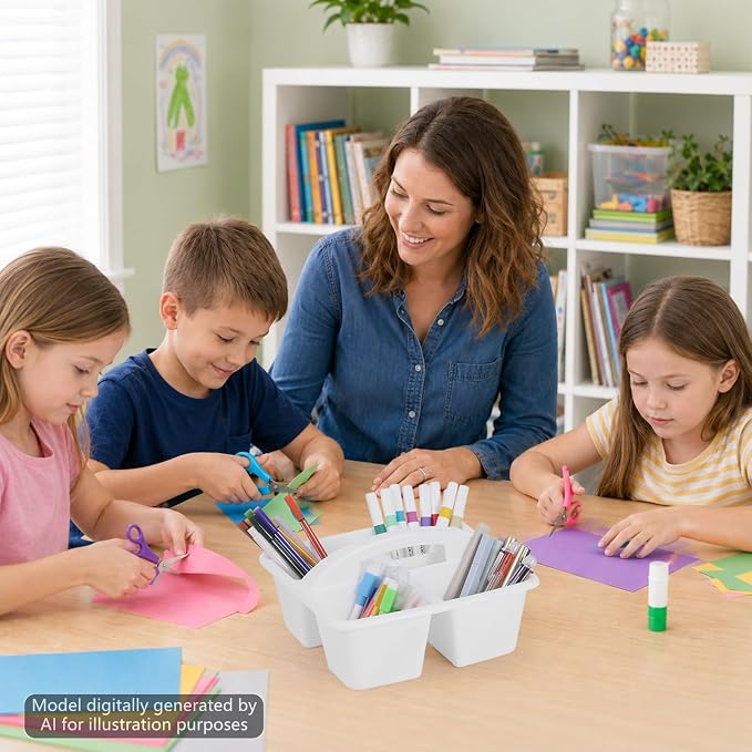 6 Pack 4 Compartment Classroom Caddy with Handle, White - Image 5