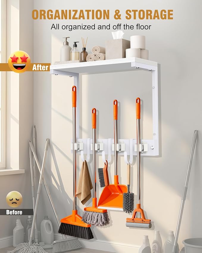 Supforce Small Broom Holder Wall Mount with Shelf, 4 Slots 3 Hooks - Image 4