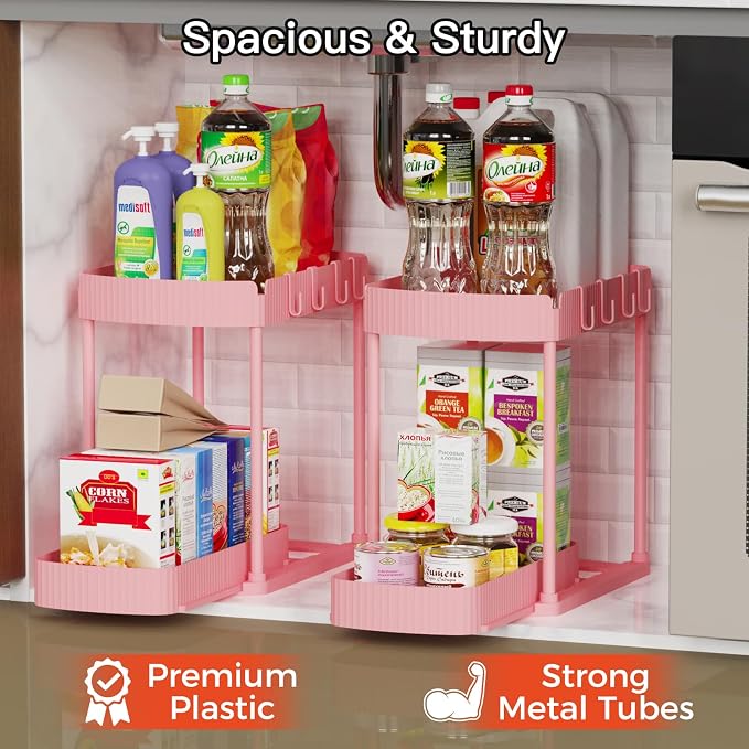 2 Packs Under Sink Pull-Out Storage Organizers, 12.8 Inches, Pink - Image 3