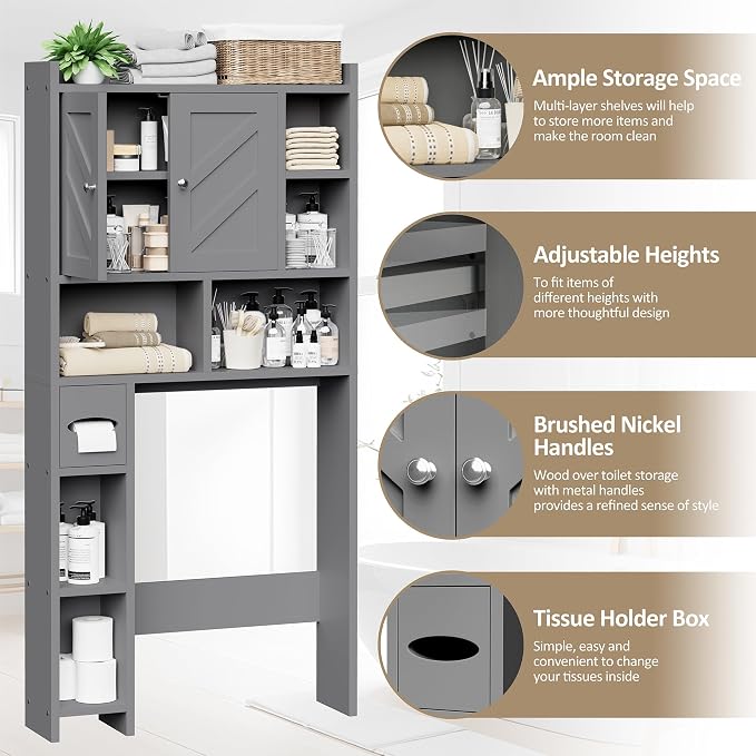 Over the Toilet Storage Cabinet, Freestanding Farmhouse Storage Cabinet Over Toilet, Bathroom Organizer with Paper Holder Stand and Adjustable Shelf, Grey - Image 4