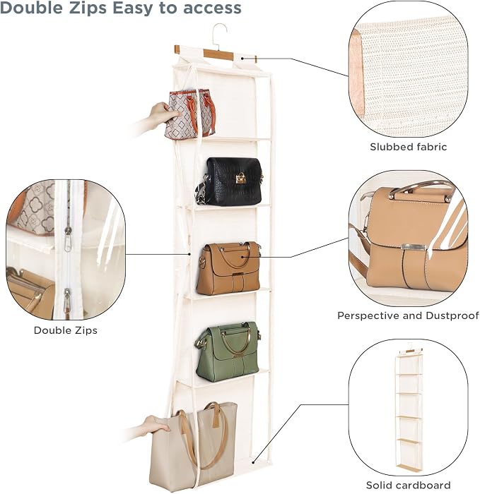 Syeeiex Over the Door Purse Organizer with Zippers, 5 Mesh Shelves, Beige - Image 4