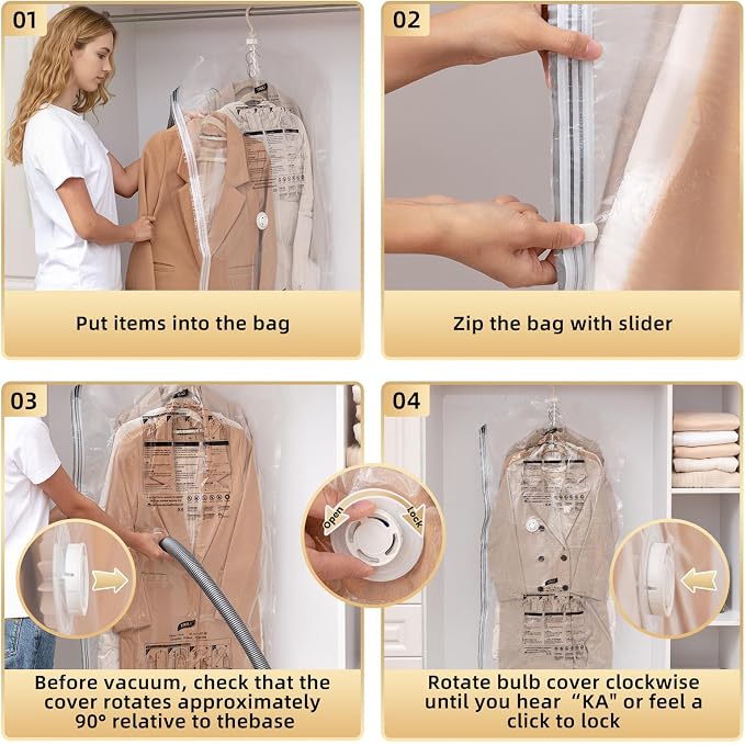 TAILI Hanging Vacuum Storage Bags for Clothes Space Saver 4 Combo Clear | Vacuum Seal Bags for Clothing Travel, Winter Clothes Storage Closet Organizers, Garment, Coats, Suits and Jackets - Image 8