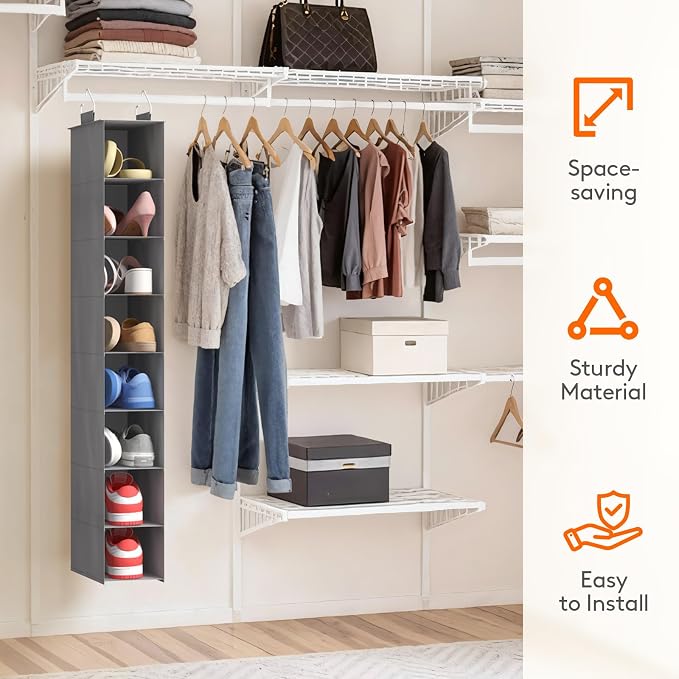 Lifewit 8 Section Hanging Shoe Storage Organizer for Closet Foldable, Gray | Folding Shoe Racks, Fabric Shoes Storage with Two Hangers, Closet Organizers and Storage for Wardrode, Dorm - Image 4