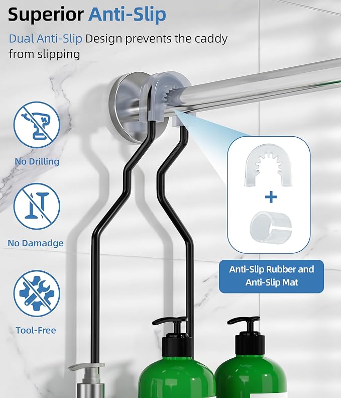 Adjustable Shower Caddy Hanging, Extended Length Organizer Over Shower Head, 3 Tier Long Neck Shower Rack with Soap Holder for Large Storage, Black - Image 4
