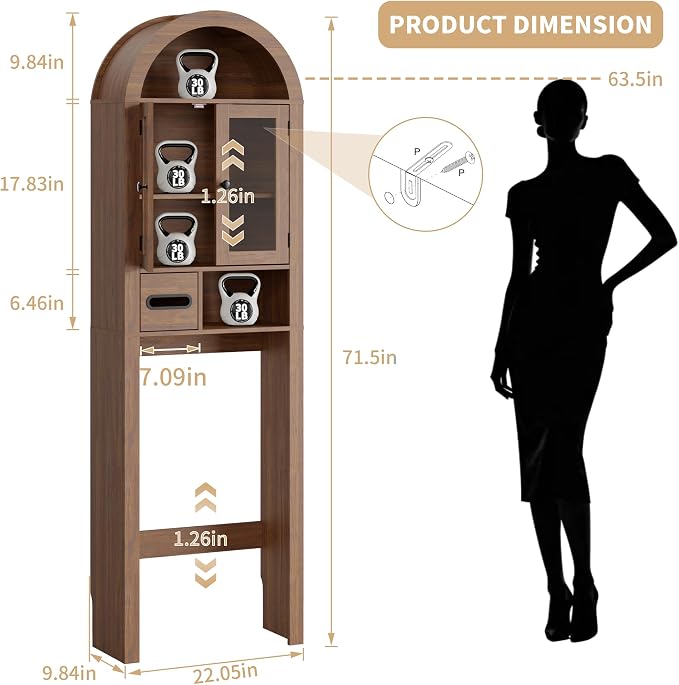Arched Over the Toilet Storage Cabinet with Tempered Glass Doors, Walnut - Image 2