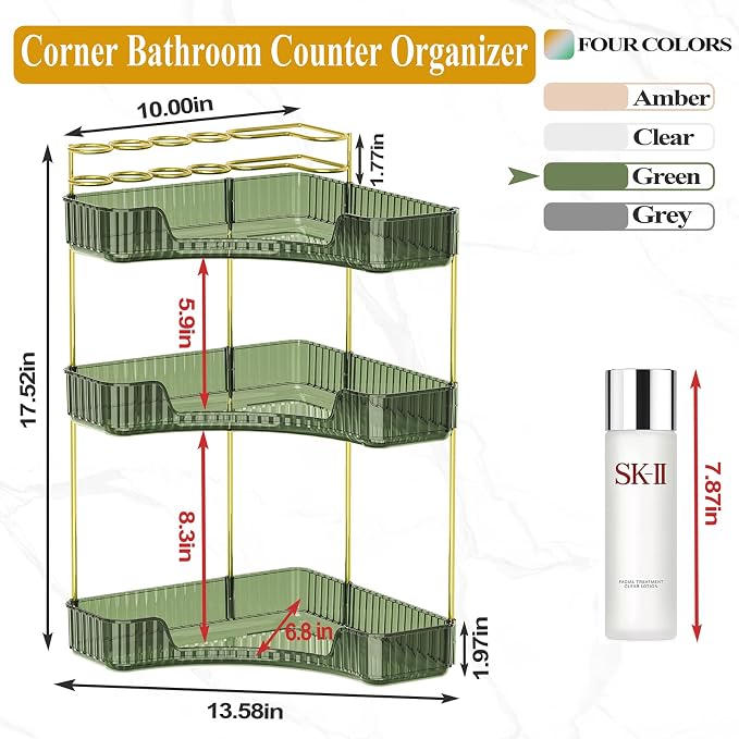 SUNZOS 3-Tier Corner Bathroom Counter Organizer, Bathroom Organizer Countertop with Makeup Brush Holder, Vanity Makeup Cosmetic Storage, Corner Storage Organizers for Dresser - Image 2