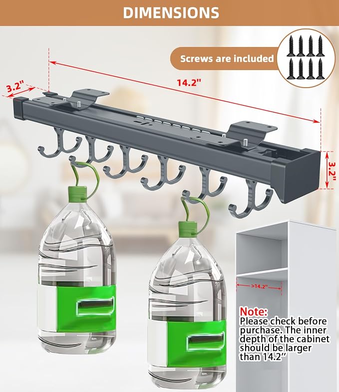 Pull Out Broom Holder With Adjustable Double Row Sliding Hook -Grey 14.17in - Image 4