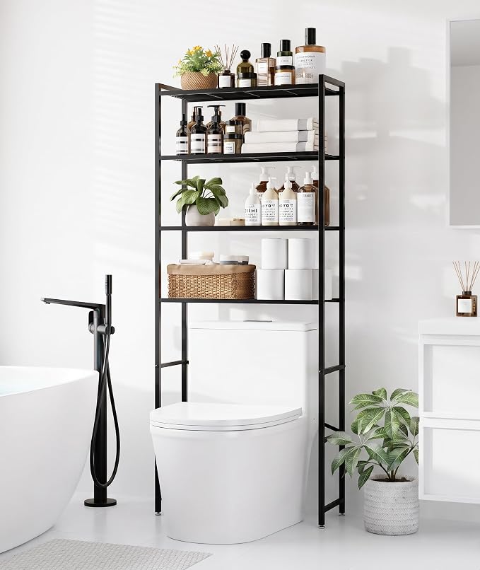 4-Tier Over The Toilet Storage Rack, Bathroom Organizer with One-Piece Metal Mesh Shelves, Over Toilet Shelf with Adjustable Feet & Anti-Tip Kit, Space-Saving Bathroom Storage, Black by Unknown