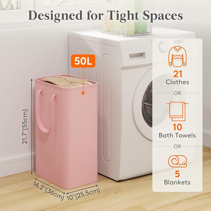 Lifewit Slim Collapsible Laundry Basket with Handles, 50L, Pink - Image 2