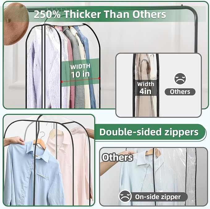 LANDNEOO 6 Pack Clear Garment Bags for Hanging Clothes with Zippers on Double Sides - 10'' Clothes Storage for Coat, Dress, and Fur in Closet - 32'' Long Suit Bags - Image 4