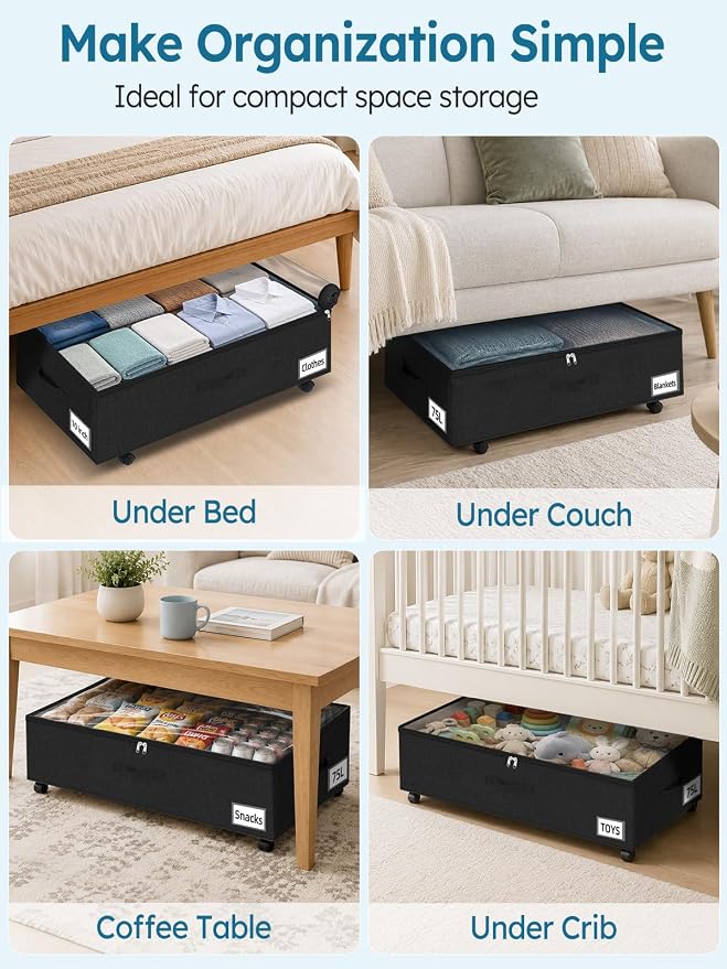 10-in 75L Low Profile Under Bed Storage with Wheels, 2 Pack,Black | 5 Rotating Wheels, Large Clear lid, Rigid Sides & Bottom, Low Space Storage, Under Bed, Couch, Crib, Dorm Organization - Image 8