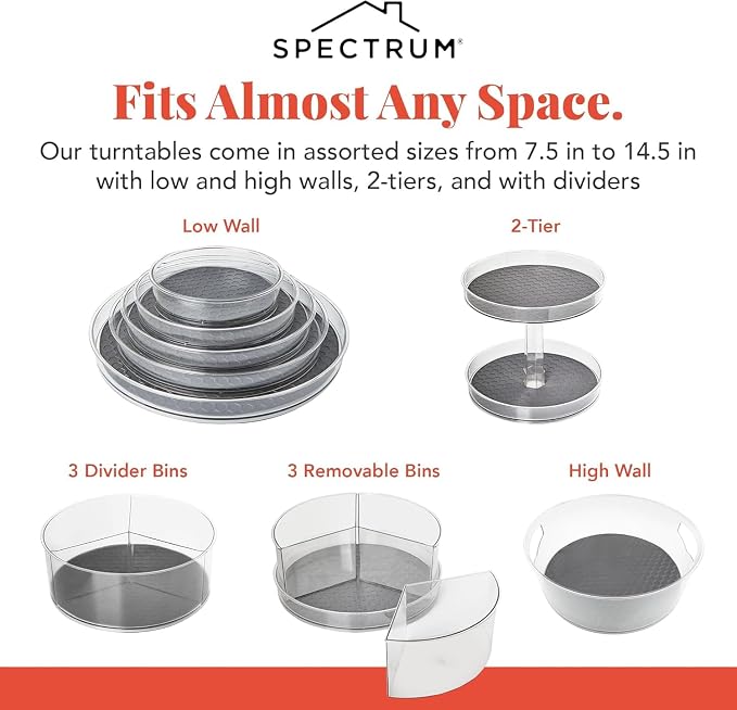 Spectrum Removable Compartment Lazy Susan 3 Bin Storage Organizer 11 in Charcoal Gray, Lazy Susan Turntable Spinning Storage for Cabinet Refrigerator Pantry Table Pantry Bath Kitchen Organization - Image 6