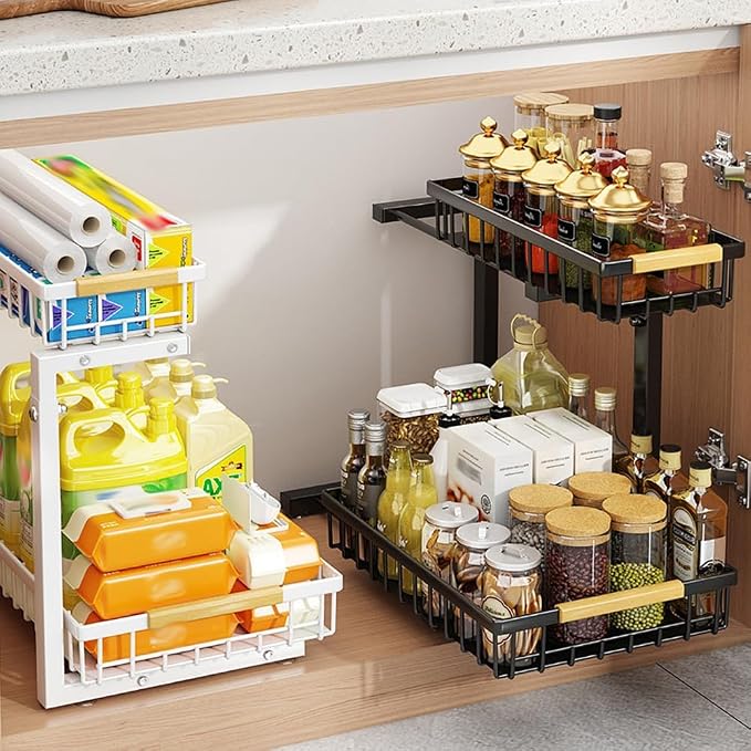 GarveeLife Under Sink Organizer - L-Shape Pull-Out 2-Tier Carbon Steel Storage Organizer with Suction Cups - Space-Saving Cabinet Rack for Kitchen & Bathroom - Easy Access Sliding Design - White - Image 4