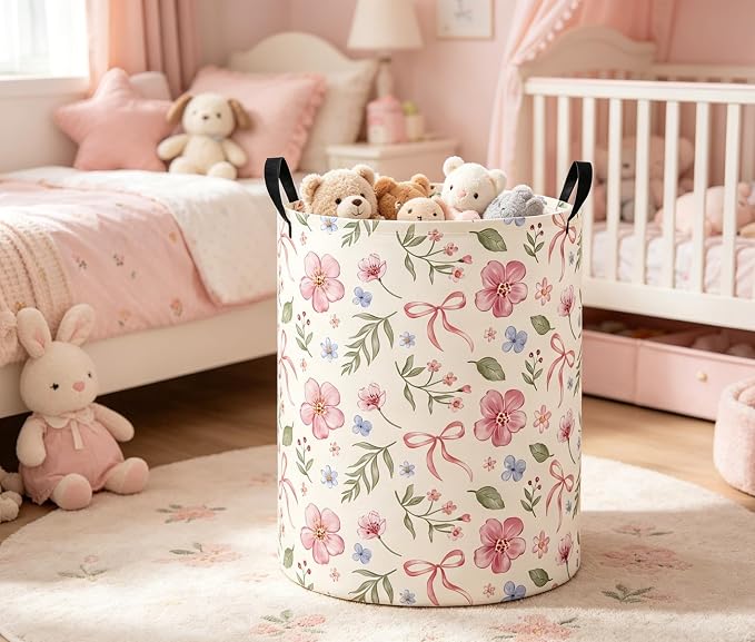 Baby Laundry Basket Baby Nursery Hamper Kids Laundry Basket Toy Storage Bin for Boys Room Decor Gift Baskets for Bedroom Bathroom(Watercolor Flower) - Image 3