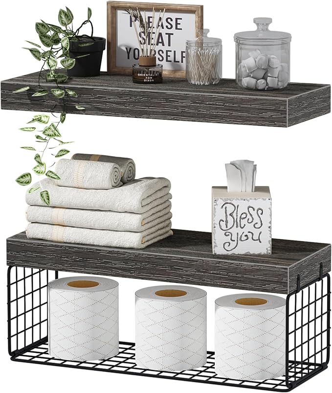 QEEIG Bathroom Shelves Over Toilet - Wall Mounted Floating Shelves Toilet Paper Storage Small Farmhouse Decor Shelf 16 inch Set of 2, Grey (019-GY2) by QEEIG
