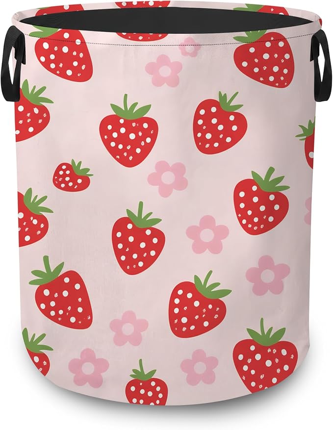 Laundry Basket,Pink Strawberry Foldable Clothes Hamper with Handles,Cute Flower Waterproof Oxford Cloth Storage Organizer for Bedroom Bathroom College Dorm,16" x 20" by UIUPRO