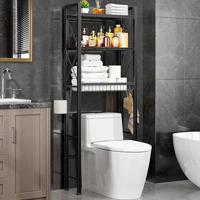 Kalrin Over The Toilet Storage with X Shape Side Guardrail, 3-Tier Over Toilet Storage Rack with Drain Basket, Freestanding Bathroom Organizer for Balcony Laundry, Pure Black by Kalrin